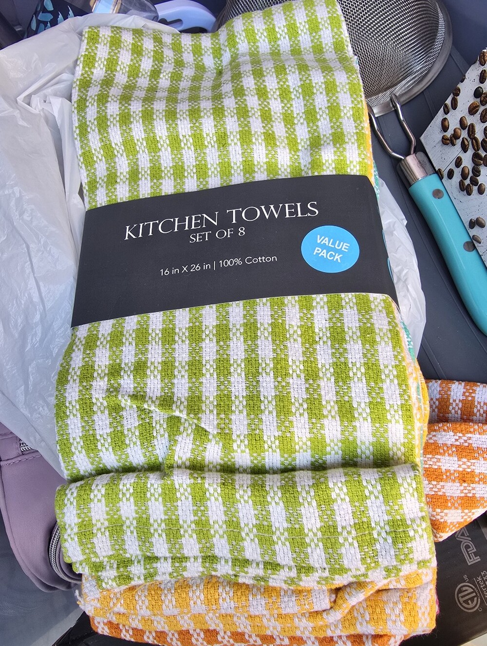 Kitchen Towels Set of 8 - Green Check Cotton